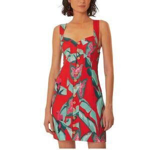 NEW FARM Rio Summer Foliage Linen Red Mini Dress Size Medium